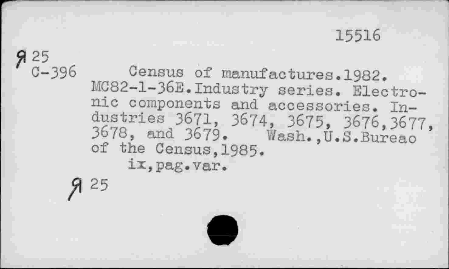 ﻿15516
9 25
C-396
Census of manufactures.1982.
MC82-1-36E.Industry series. Electronic components and accessories. Industries 3671, 3674, 3675, 3676,3677 3678, and 3679. Wash.,U.S.Bureao of the Census,1985.
ix,pag.var.
9